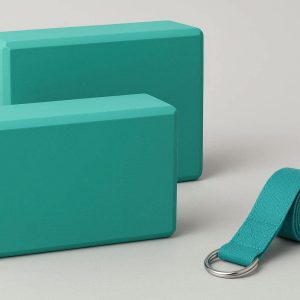 11 Set of Two Yoga Blocks with Matching Strap for Deep Stretching and Flexibility Training High Density Foam Bricks for Home Workouts